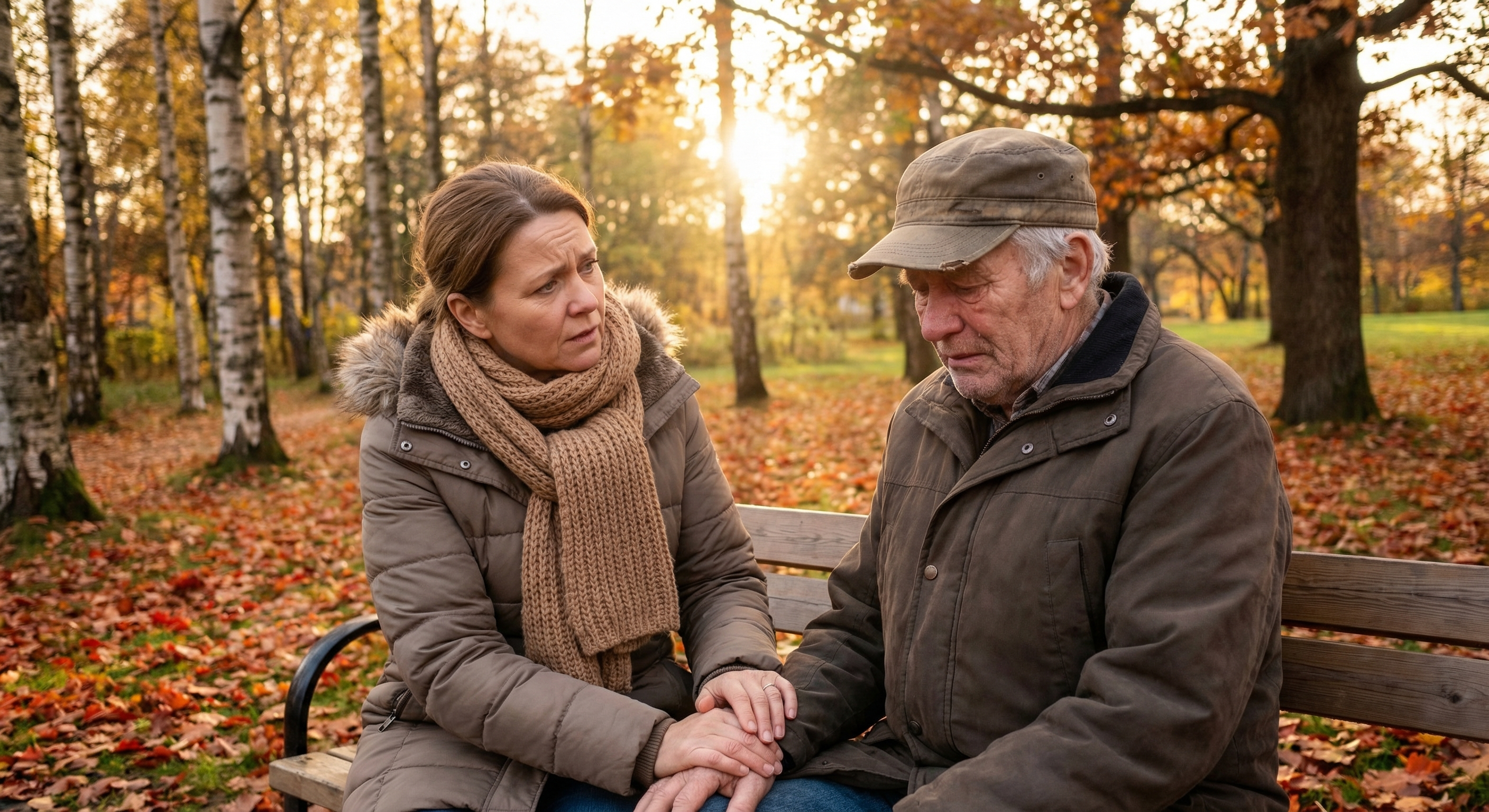 Far og datter på benk i parken